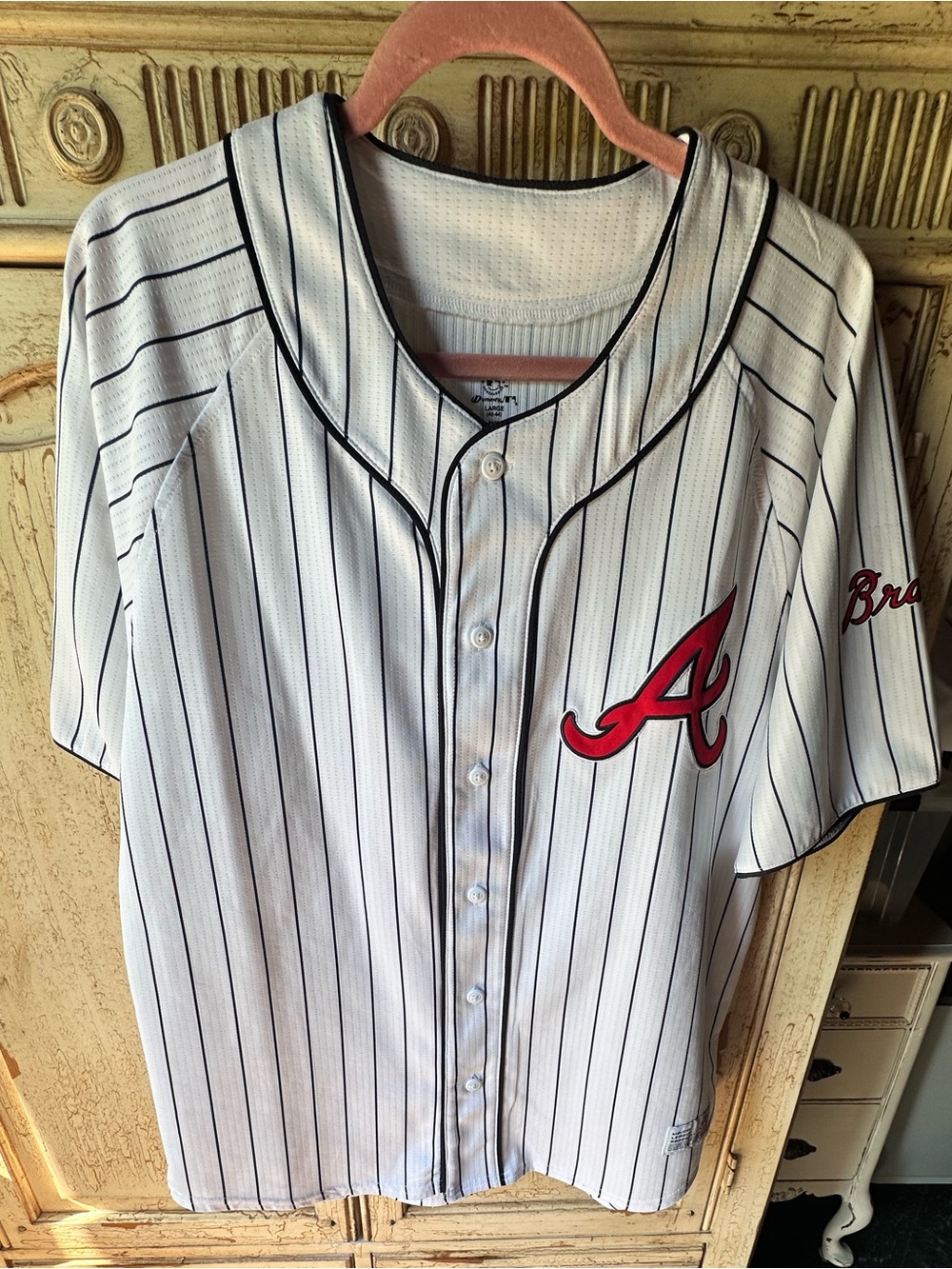 White Pinstripe Women's Baseball Jersey with Red Script A